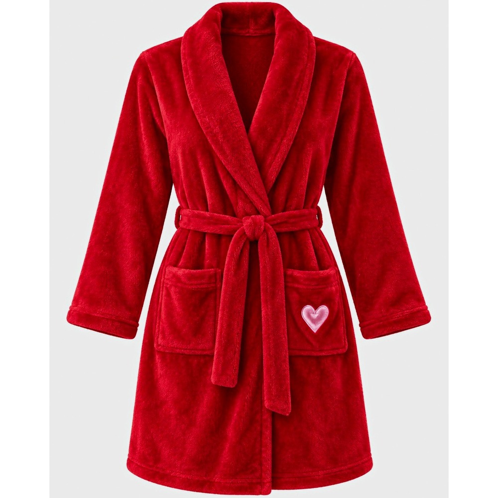 Laura Ashley Red Fleece Robe Size XL Belted Shawl Collar Love Heart Embroidered